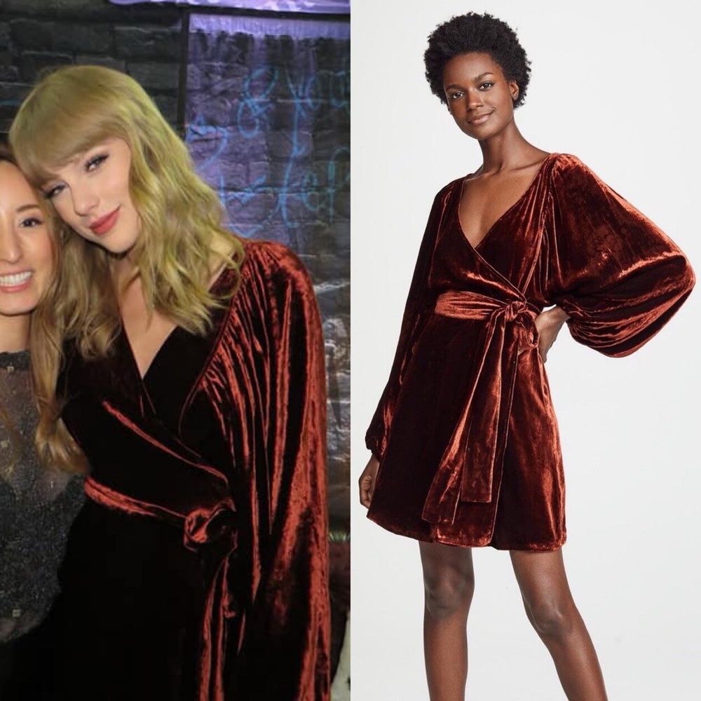 A.L.C. Carlo Velvet Rust Long Sleeve Wrap Mini Dress in Cognac ASO Taylor Swift
